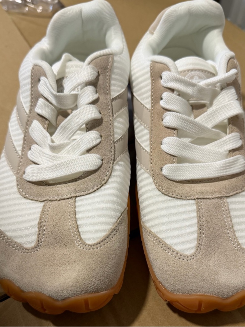 Neutral Beige and White Retro Runner Sneakers